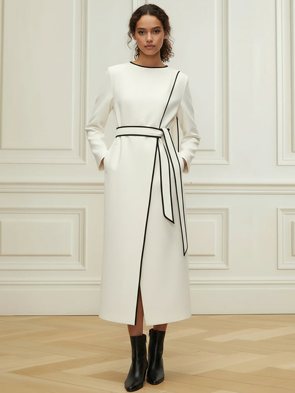 Long Sleeves Minimalist Belted Comfort Contrast Color Round-Neck Midi Dresses