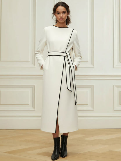 Long Sleeves Minimalist Belted Comfort Contrast Color Round-Neck Midi Dresses