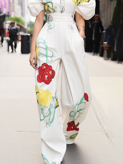 High Waisted Wide Leg Flower Print Pleated Pockets Pants Trousers