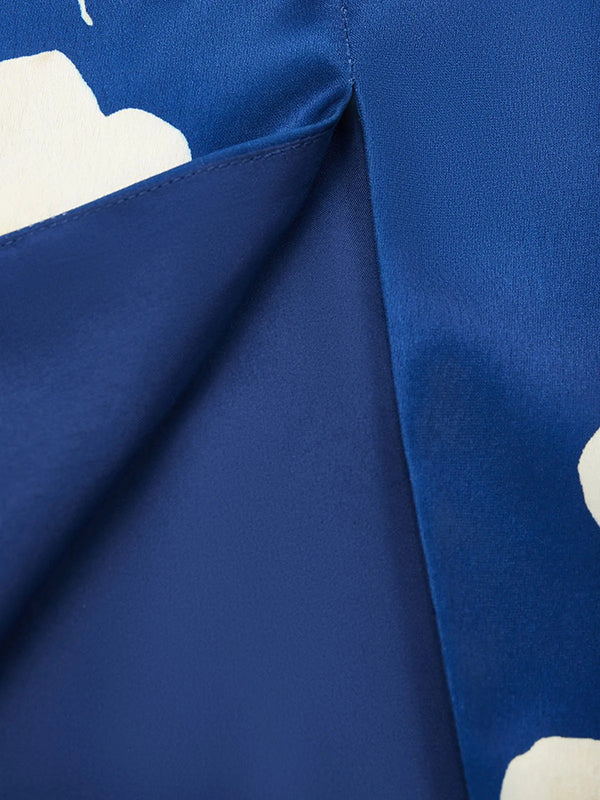 Loose Puff Sleeves Floral Printed Pleated Split-Joint V-Neck Midi Dresses