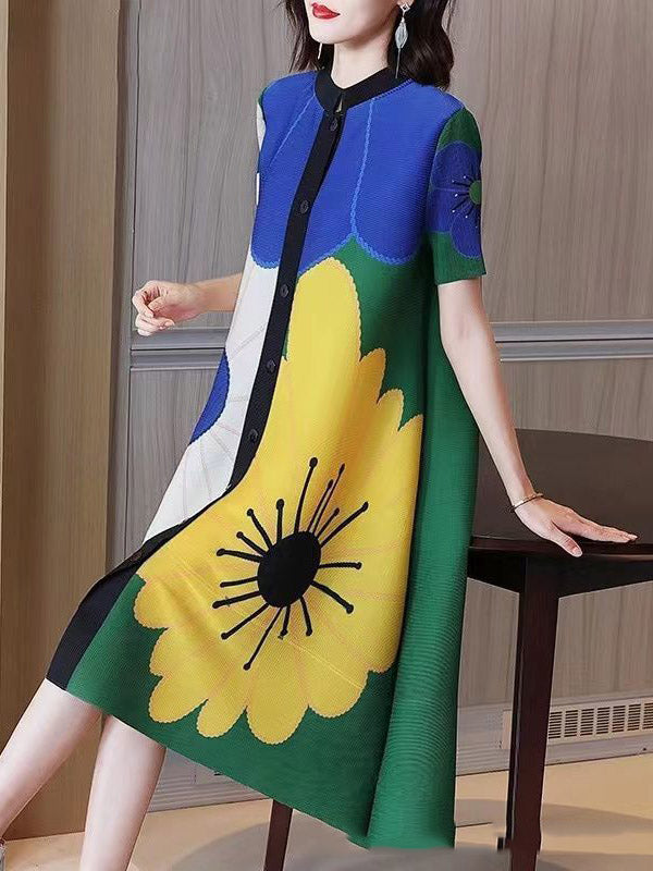 A-Linie Locker geknöpft Blumendruck Plissee Rundhals Midikleider 