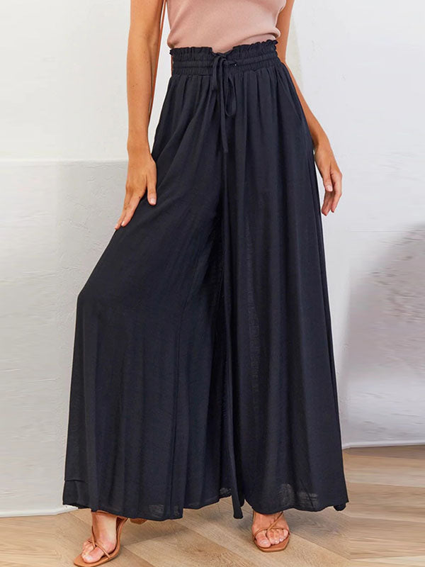 High Waisted Loose Drawstring Elasticity Pockets Solid Color Pants Trousers BLACK