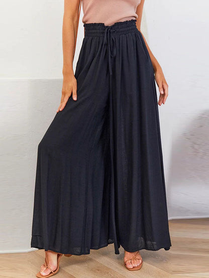 High Waisted Loose Drawstring Elasticity Pockets Solid Color Pants Trousers BLACK