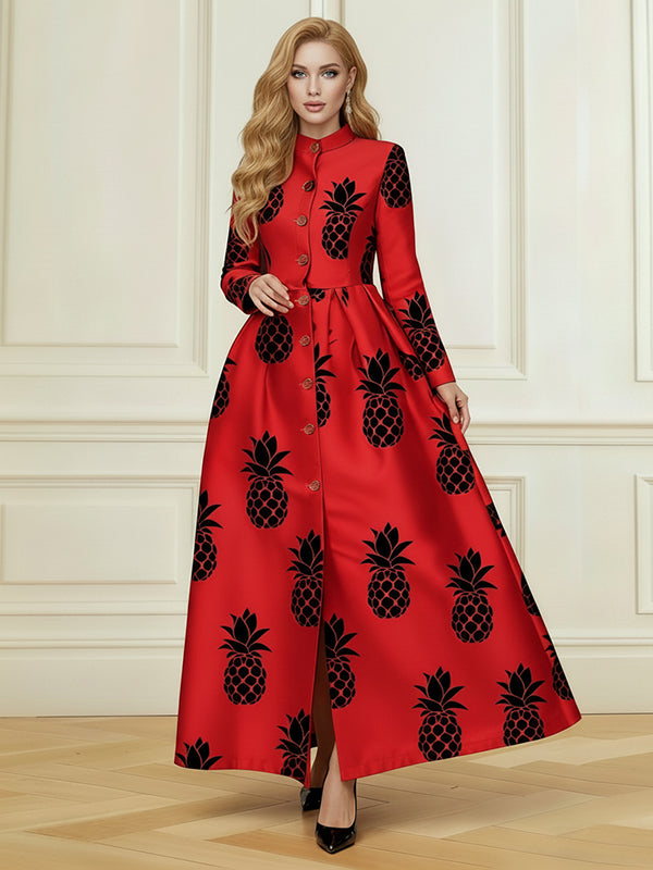 A-Line Elasticated Waist Buttoned Contrast Color Pleated Printed Single-Breasted Split-Front Split-Joint Stand Collar Maxi Dresses Shirt Dress