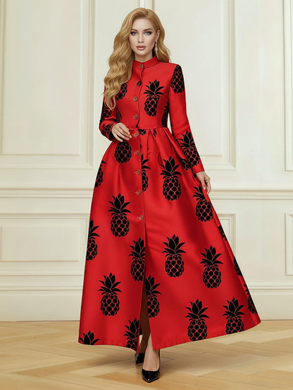 A-Line Elasticated Waist Buttoned Contrast Color Pleated Printed Single-Breasted Split-Front Split-Joint Stand Collar Maxi Dresses Shirt Dress