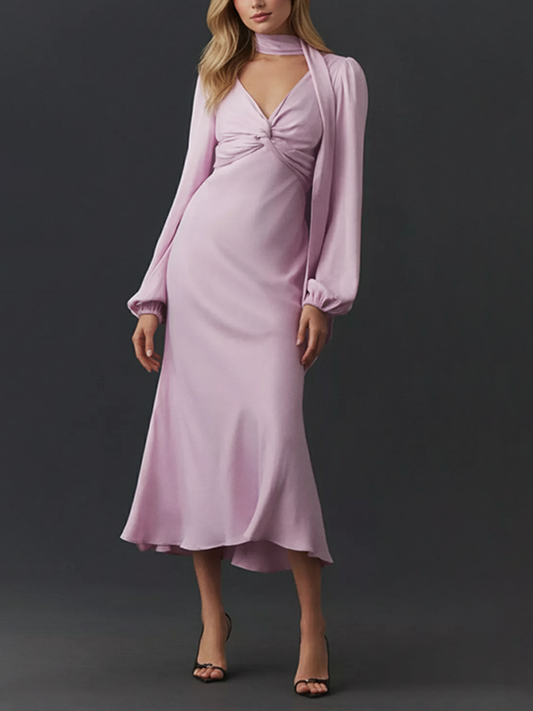Long Sleeves Puff Sleeves Solid Color Streamer Twist V-Neck Midi Dresses