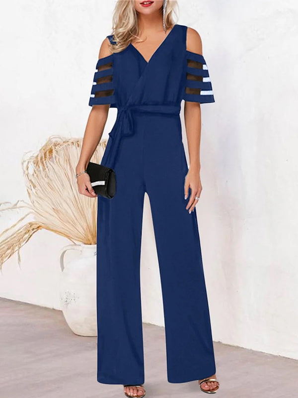 High Waisted Loose Hollow Mesh Solid Color Tied Waist V-Neck Jumpsuits