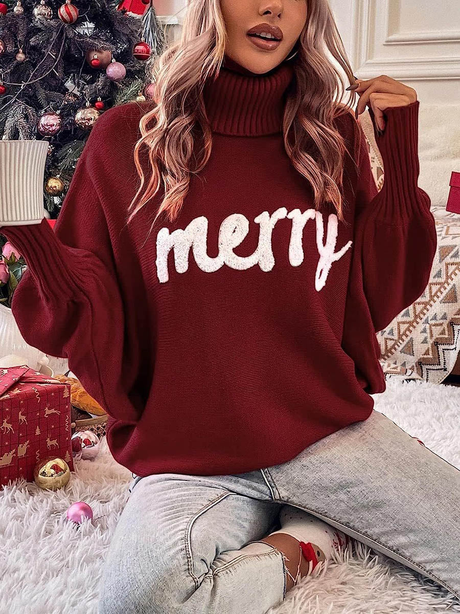 Long Sleeves Loose Contrast Color Printed Split-Joint High Neck Sweater Tops
