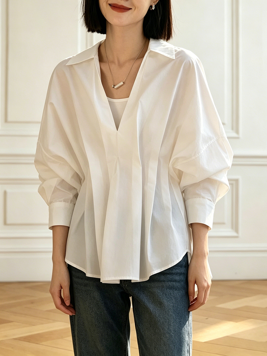 High-Low Long Sleeves Pleated Solid Color Split-Joint Lapel Blouses&Shirts Tops