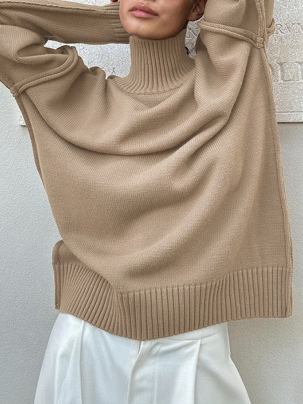 Long Sleeves Loose Solid Color Split-Joint High Neck Pullovers Sweater Tops