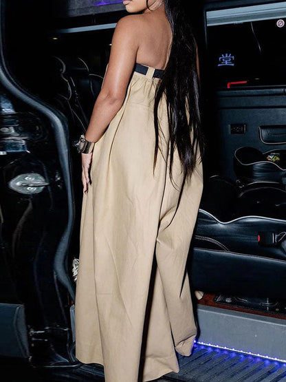 Loose Sleeveless Belted Pleated Pockets Solid Color Tube Jumpsuits