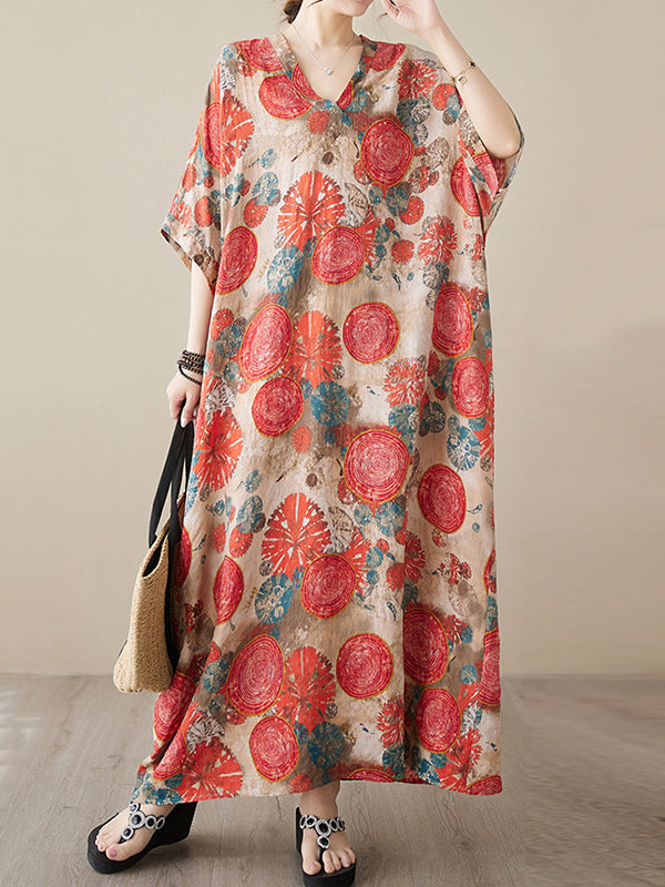 Loose Short Sleeves Printed V-Neck Maxi Dresses RED One_size