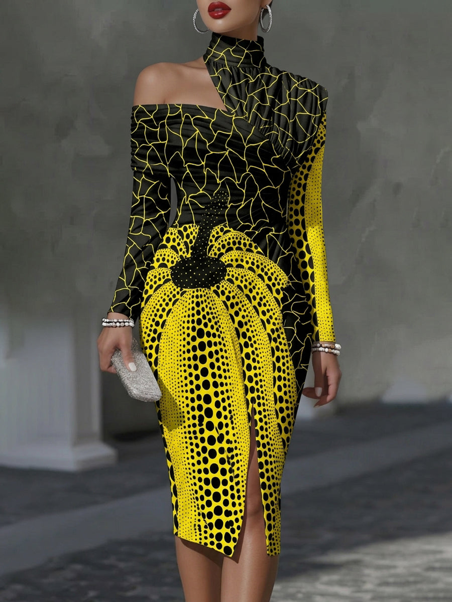 Bodycon Long Sleeves Contrast Color Hollow Pleated Asymmetric Collar Midi Dresses