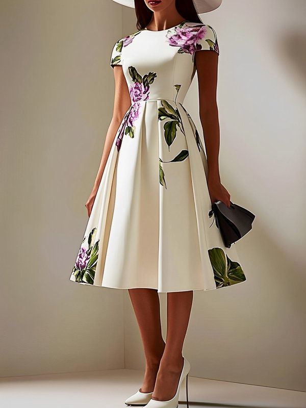 A-Line High Waisted Flower Print Pleated Round-Neck Midi Dresses