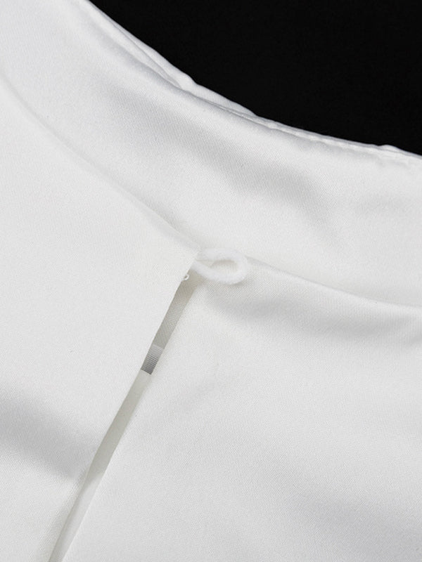 Loose Puff Sleeves Hollow Solid Color Split-Joint Round-Neck Blouses