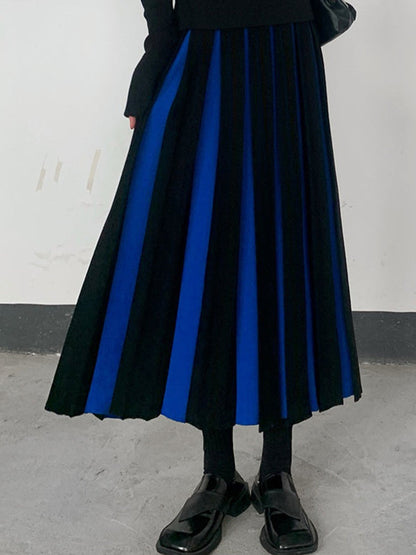 A-Line Loose Contrast Color Pleated Skirts Bottoms BLUE BLACK One_size