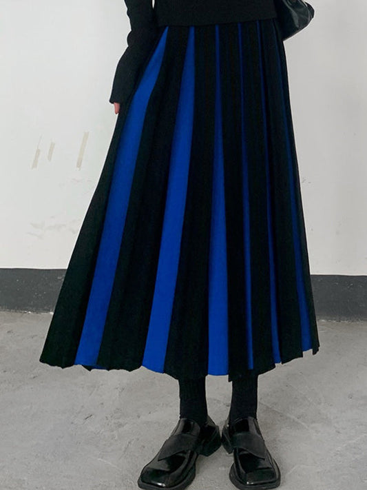 A-Line Loose Contrast Color Pleated Skirts Bottoms BLUE BLACK One_size
