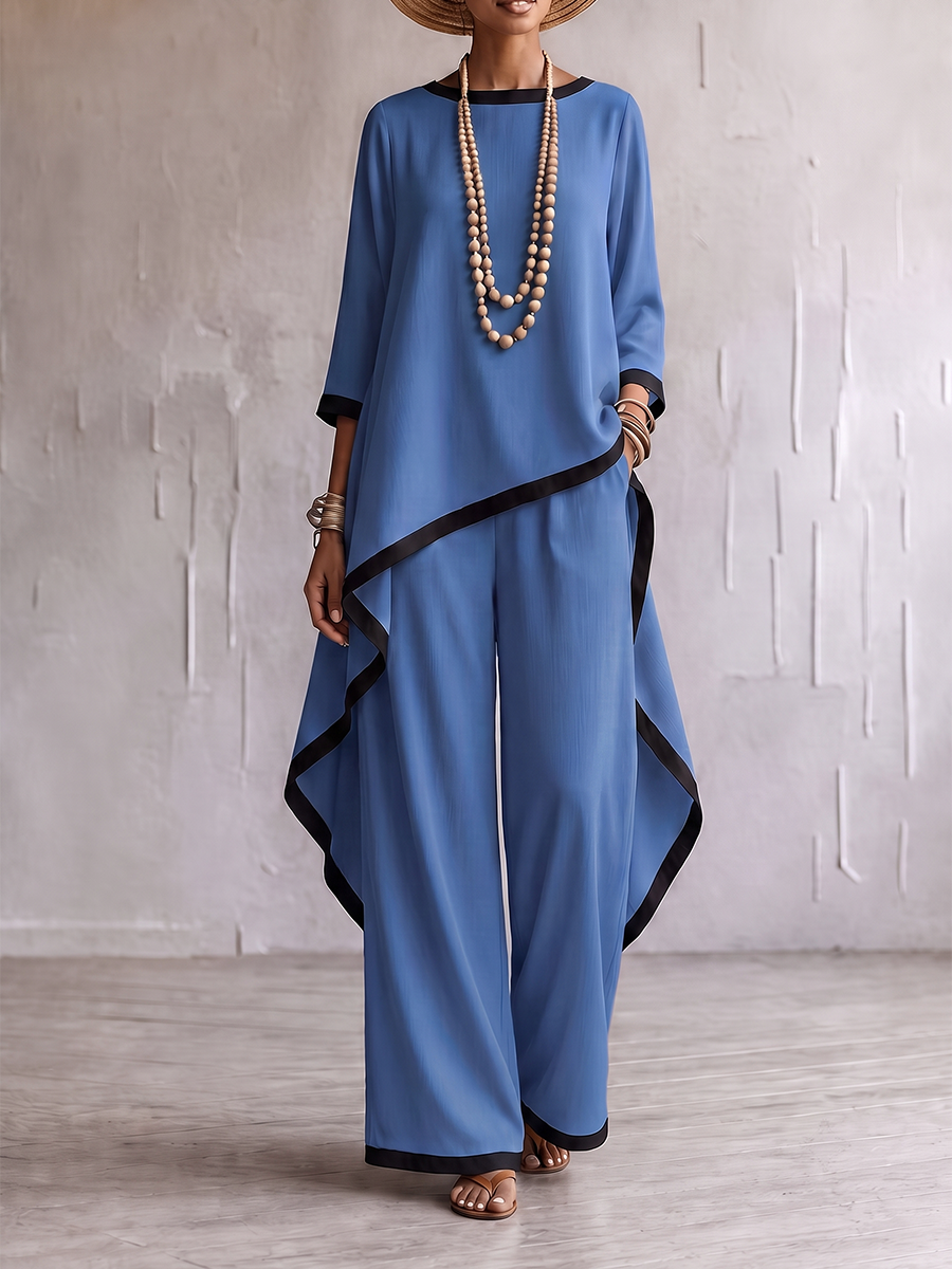 Loose Contrast Color Split-Joint Round-neck High-low Asymmetric Blouses&shirts Tops + Pockets Pants Trousers Two Pieces Set