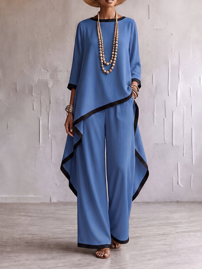 Loose Contrast Color Split-Joint Round-neck High-low Asymmetric Blouses&shirts Tops + Pockets Pants Trousers Two Pieces Set