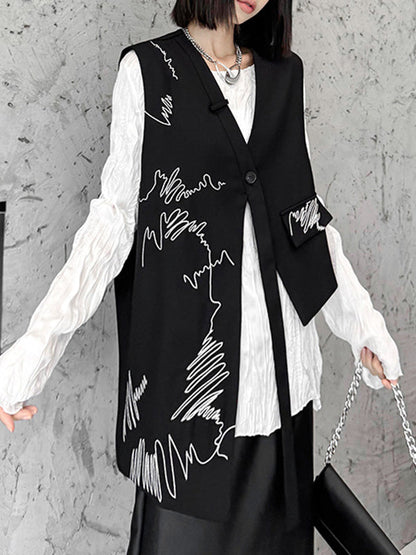 Sleeveless Asymmetric Buttoned Embroidered V-Neck Vest Top