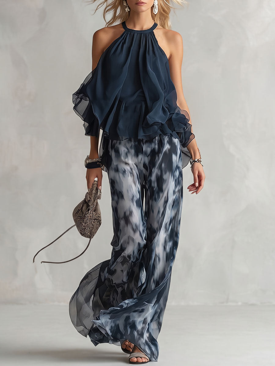 High Waisted Wide Leg Contrast Color Printed Pants Trousers