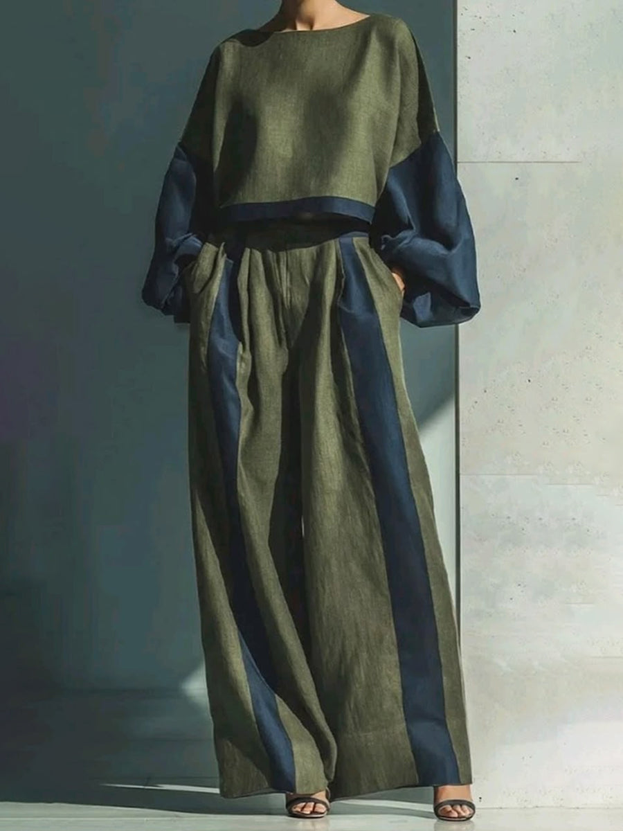 Split-Joint Pockets Elasticity Contrast Color Wide Leg High Waisted Trousers Pants