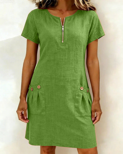 Remi | Women's Shift Dress Short Sleeve Zip Neck with Pockets
