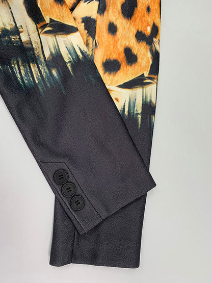 Long Sleeves Loose Leopard Split-Joint Lapel Woolen Coat