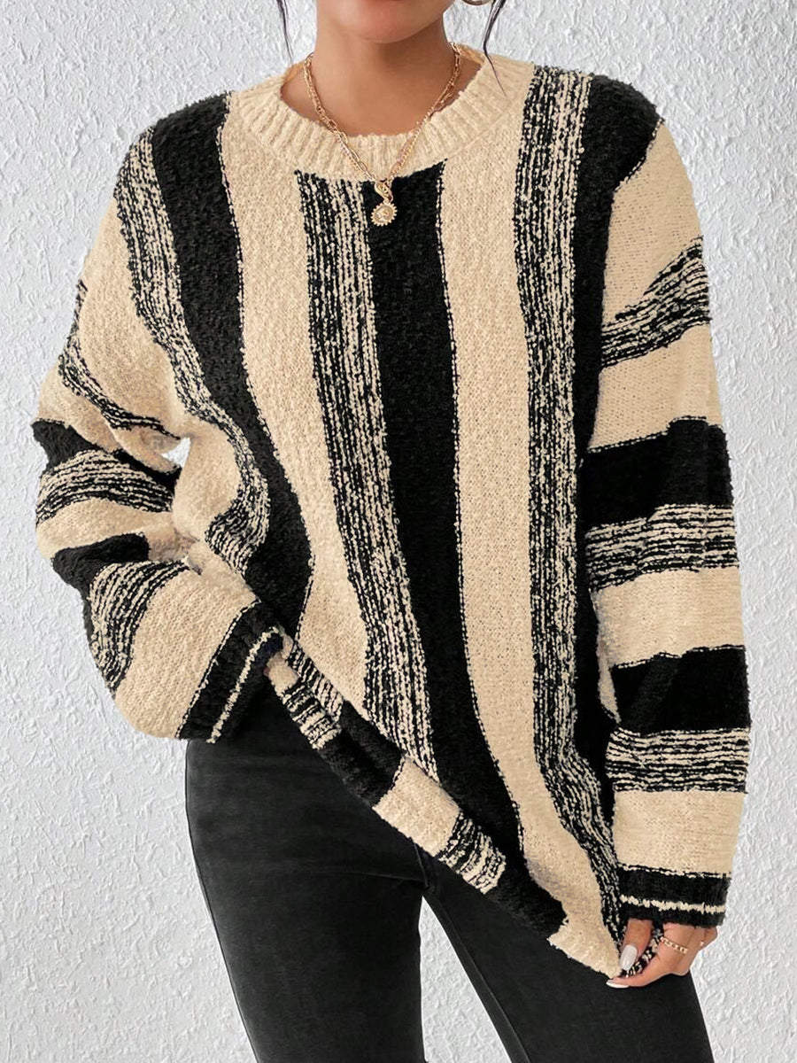 Striped Loose Long Sleeves Round-neck Sweater Tops Pullovers