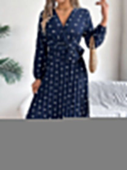 A-Line High Waisted Elasticity Pleated Polka-Dot Split-Joint Tied Waist V-Neck Midi Dresses Shirt Dress