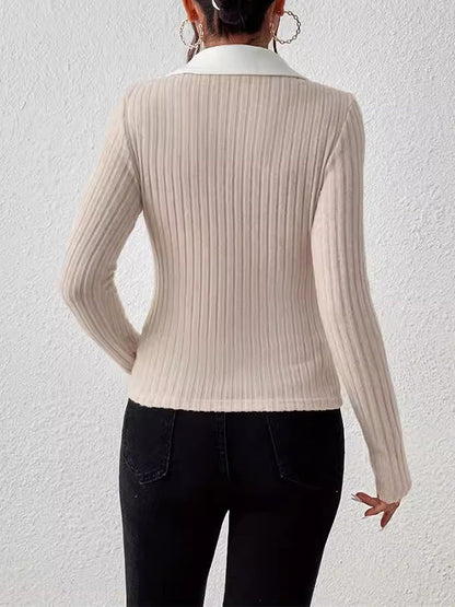 Long Sleeves Skinny Comfort Contrast Color V-Neck T-Shirts