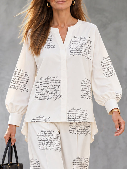 Split-side Letter Print Buttoned Long Sleeves High-low V-neck Blouses&shirts Tops