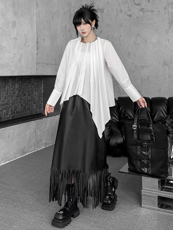 Hipster Irregularity Asymmetric Pleated Solid Color Round-Neck Blouses&Shirts Tops