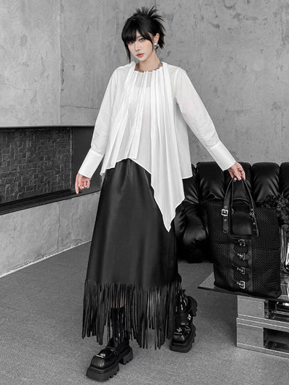 Hipster Irregularity Asymmetric Pleated Solid Color Round-Neck Blouses&Shirts Tops