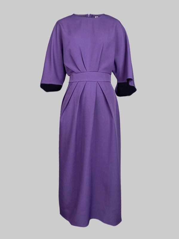 Loose Puff Sleeves Pleated Solid Color Split-Joint Round-Neck Midi Dresses