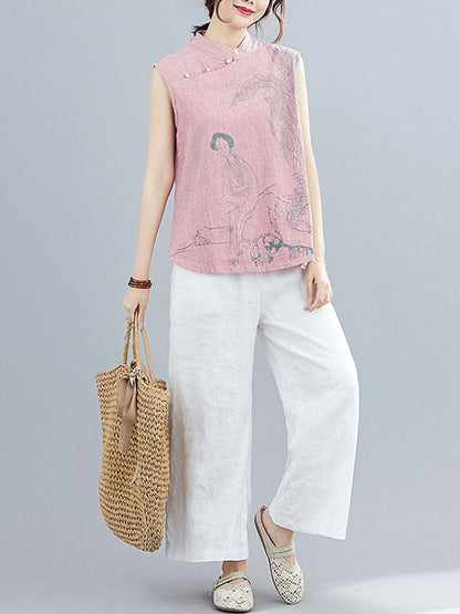 Gilet sans manches à col montant boutonné imprimé de style rétro chinois artistique 