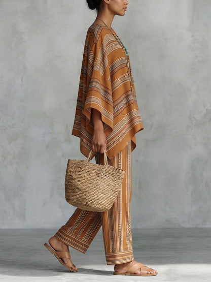Loose Wide Leg Contrast Color Pockets Printed Pants Trousers