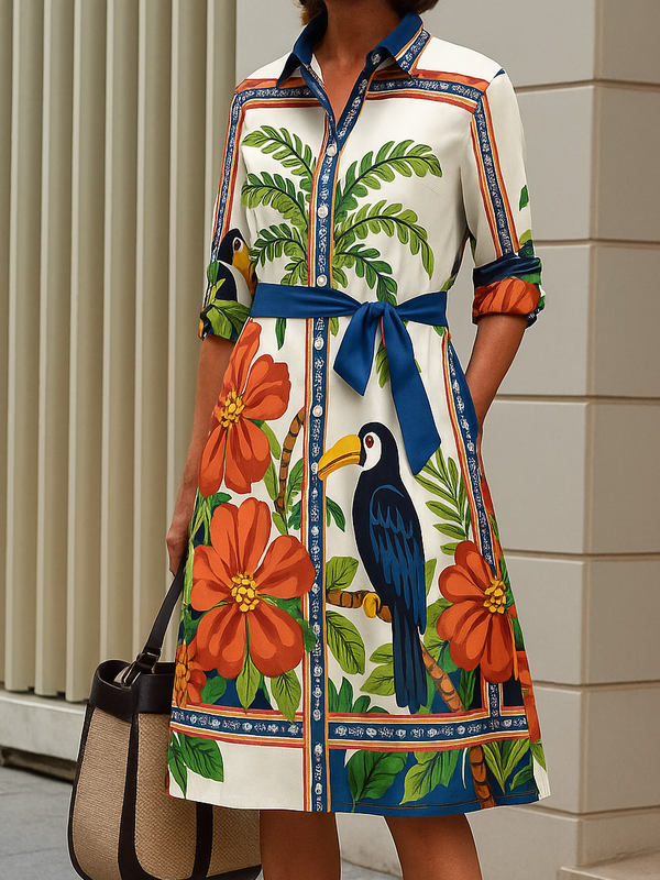 A-Linie, lange Ärmel, geknöpft, Kontrastfarbe, Blumendruck, Taschen, gebundene Taille, Revers, Midi-Kleid 