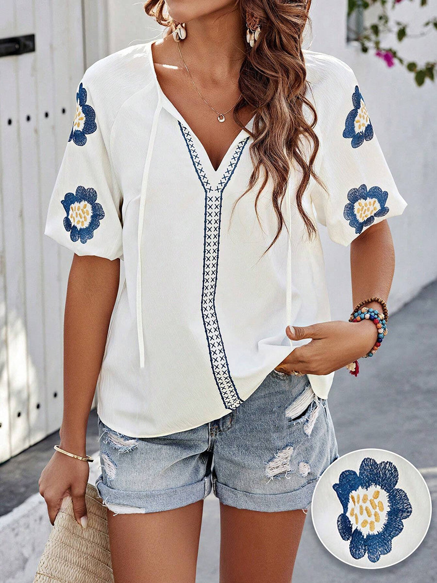 Half Sleeves Loose Contrast Color Embroidered Tied V-Neck Blouses&Shirts Tops