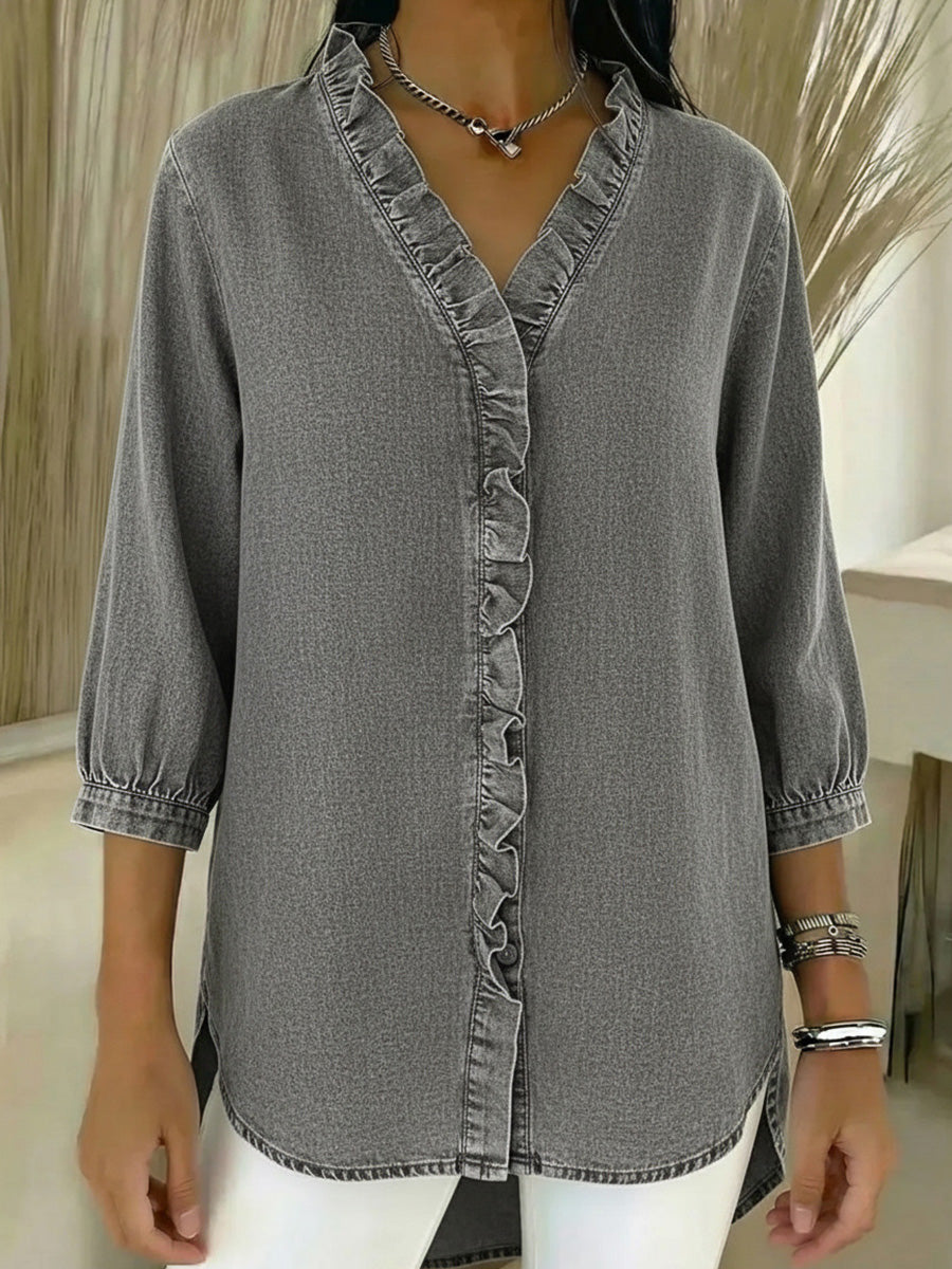 Loose Plus Size Ruffle Trim Solid Color V-Neck Blouses&Shirts Tops
