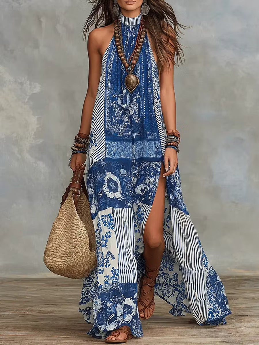 A-Line Loose Backless Contrast Color Flower Print Printed Split-Side Striped Halter-Neck Maxi Dresses
