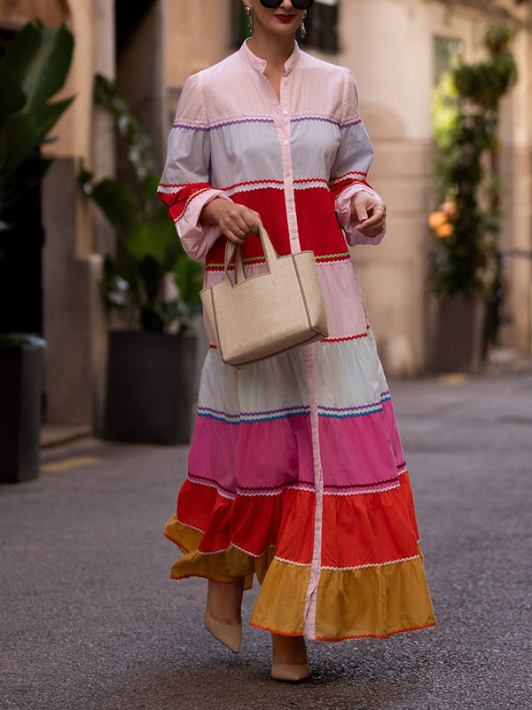 Puff Sleeves Contrast Color Split-Joint Round-Neck Maxi Dresses Shirt Dress