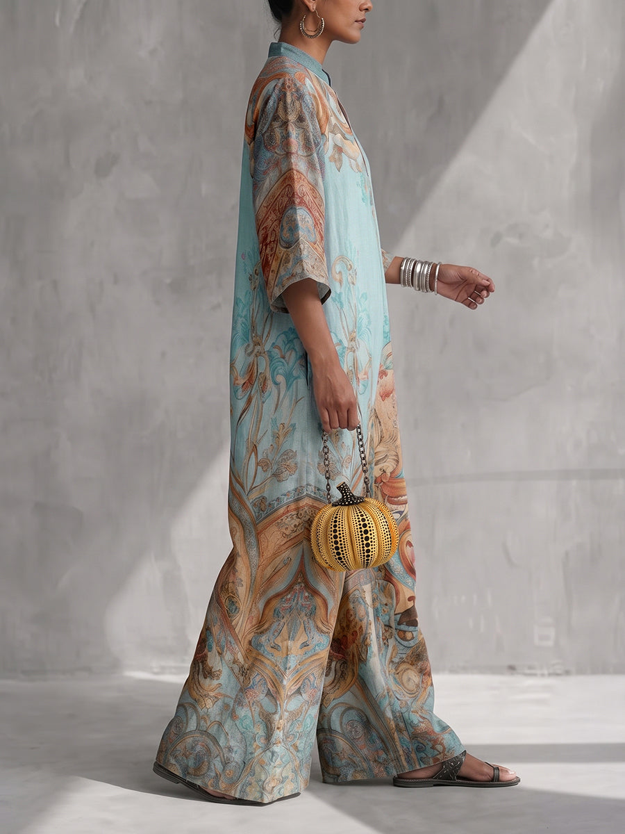 Printed Pockets Wide Leg Three-quarter Sleeves V-neck Jumpsuits