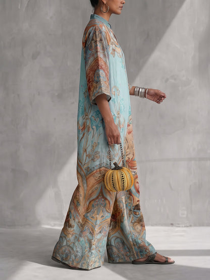 Printed Pockets Wide Leg Three-quarter Sleeves V-neck Jumpsuits