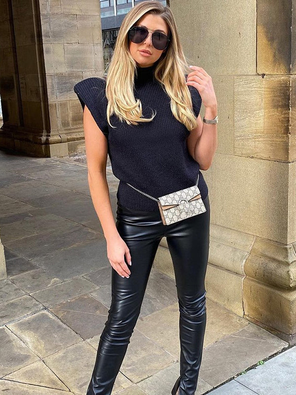 Casual Cap Sleeve Solid Color High-Neck Sweater Tops Pullovers