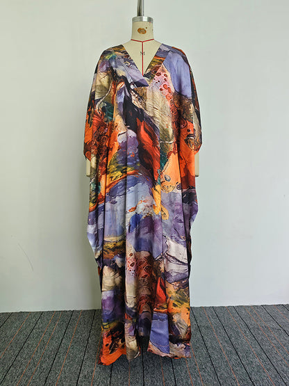 Batwing Sleeves Loose Gauze Printed Split-Joint V-Neck Maxi Dresses