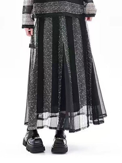 Striped Contrasting Color Elastic Round-Neck  Long-Sleeved See-Through Blouses&Shirts Tops+ Skirt Bottom Two Pieces Set