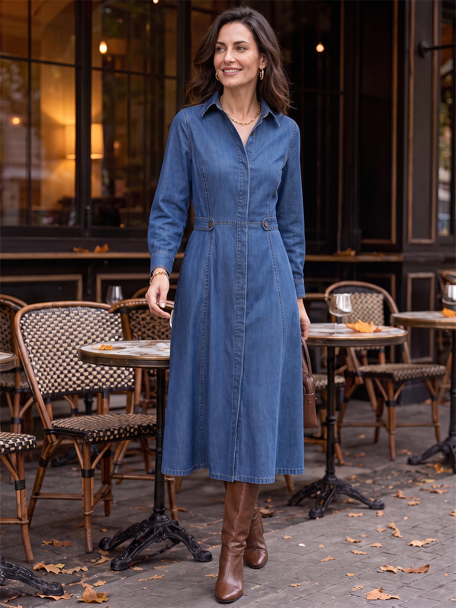 Split-Joint Solid Color Pockets Buttoned Long Sleeves High Waisted Lapel Midi Dresses