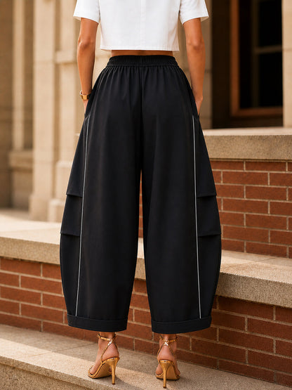 Pockets Elasticity Contrast Color Buttoned Wide Leg Loose Pants Cropped Trousers