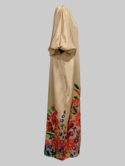 Robe longue trapèze à manches mi-longues et col en V, avec imprimé floral et fente sur le devant 